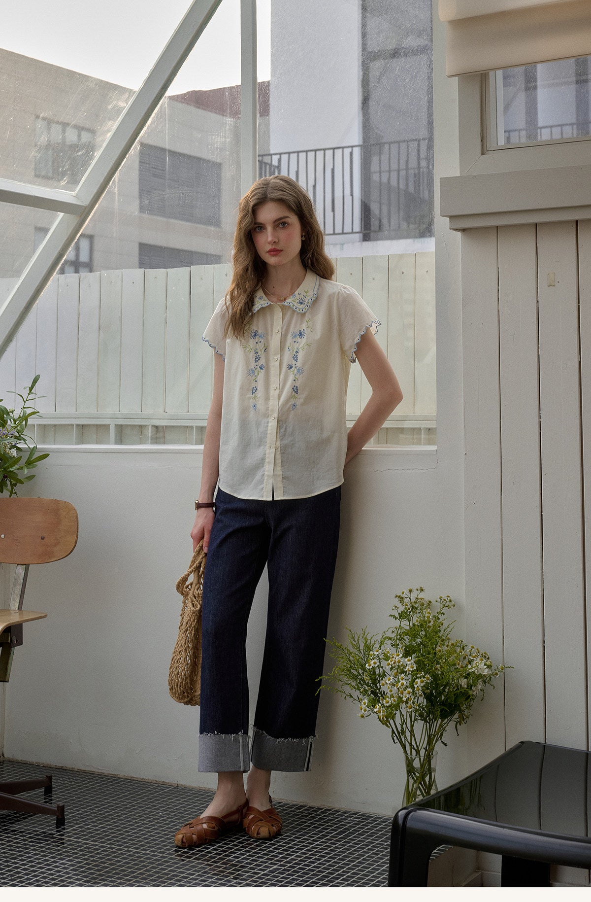 Embroidered Cotton Two-Piece Set Peter Pan Collar Blouse & Midi Skirt