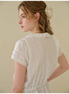 French Ruffle Collar Lyocell Linen Blouse, Lace Trim Short Sleeve Drawstring Waist Top for Women, Casual Summer Shirt
