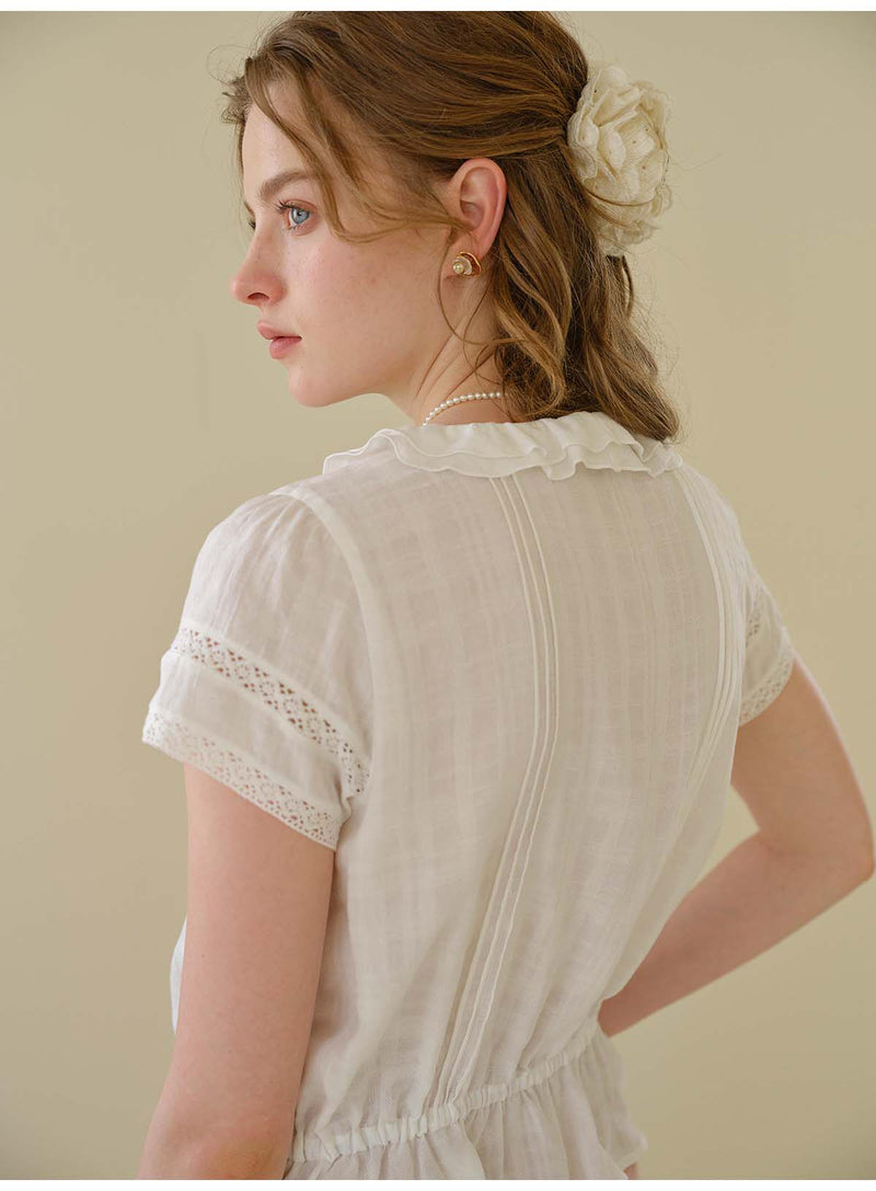French Ruffle Collar Lyocell Linen Blouse, Lace Trim Short Sleeve Drawstring Waist Top for Women, Casual Summer Shirt