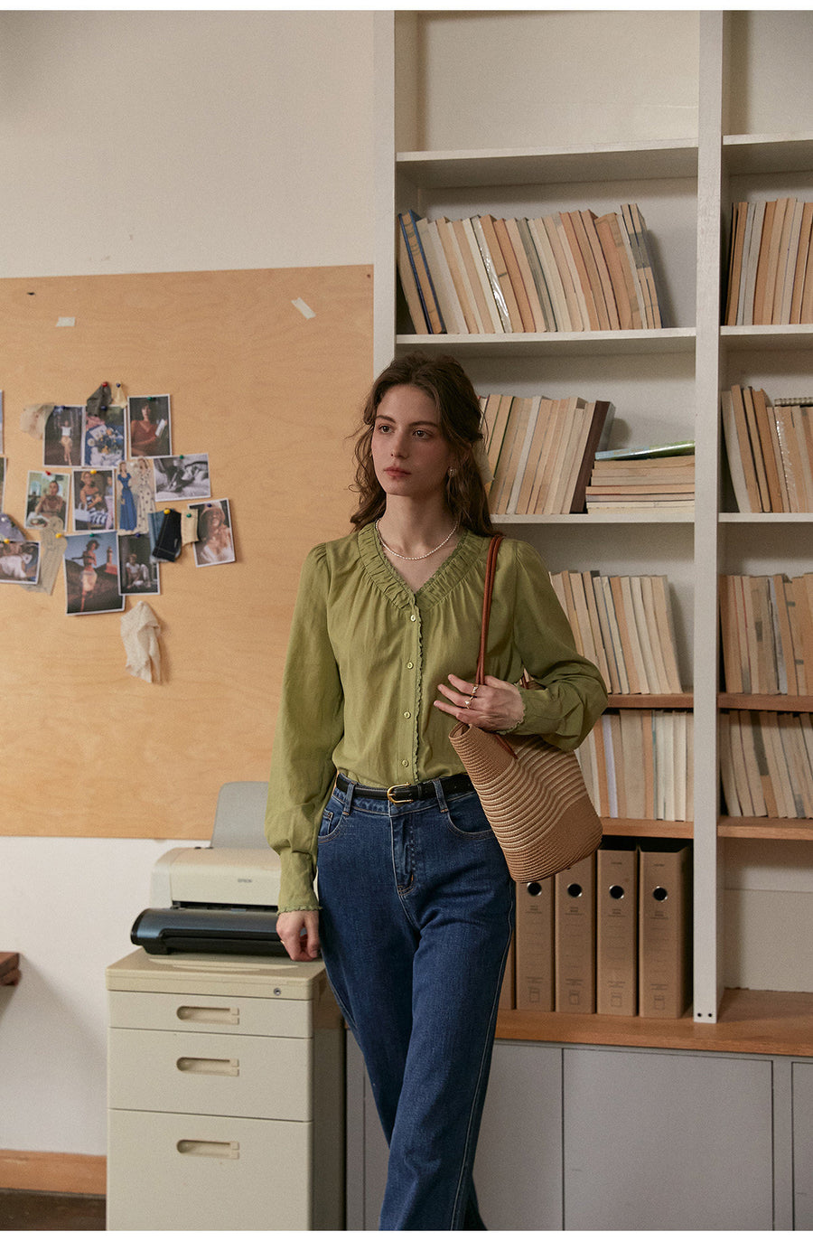 French Ruffled V-Neck Lyocell Linen Blouse