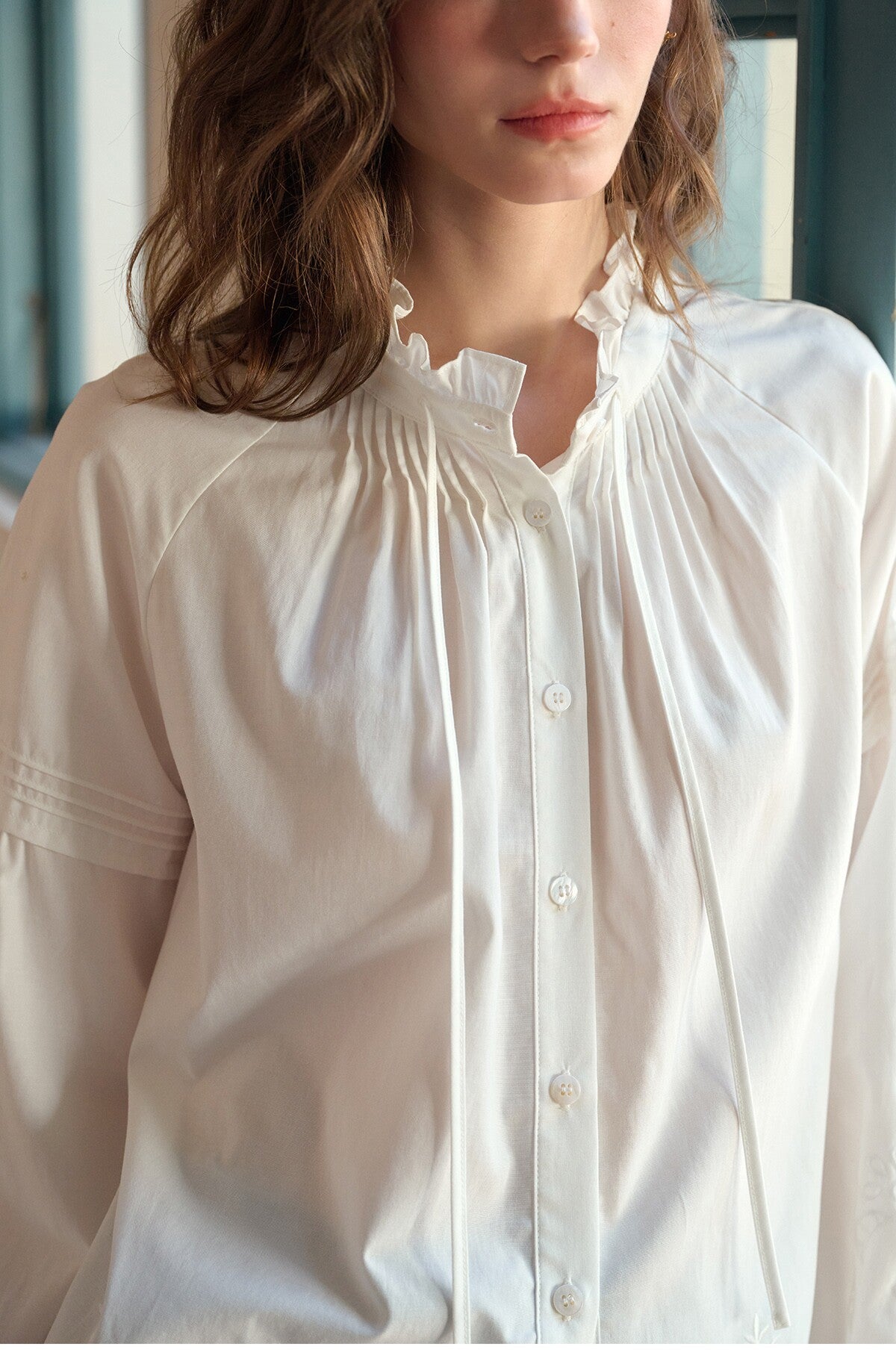 Women's French Tencel Cotton Lace Blouse | Ruffle Neck Tie Shirt