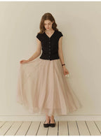 Nude Chiffon Flowy Maxi Skirt, Korean Style Elegant High Waist A-Line Long Skirt