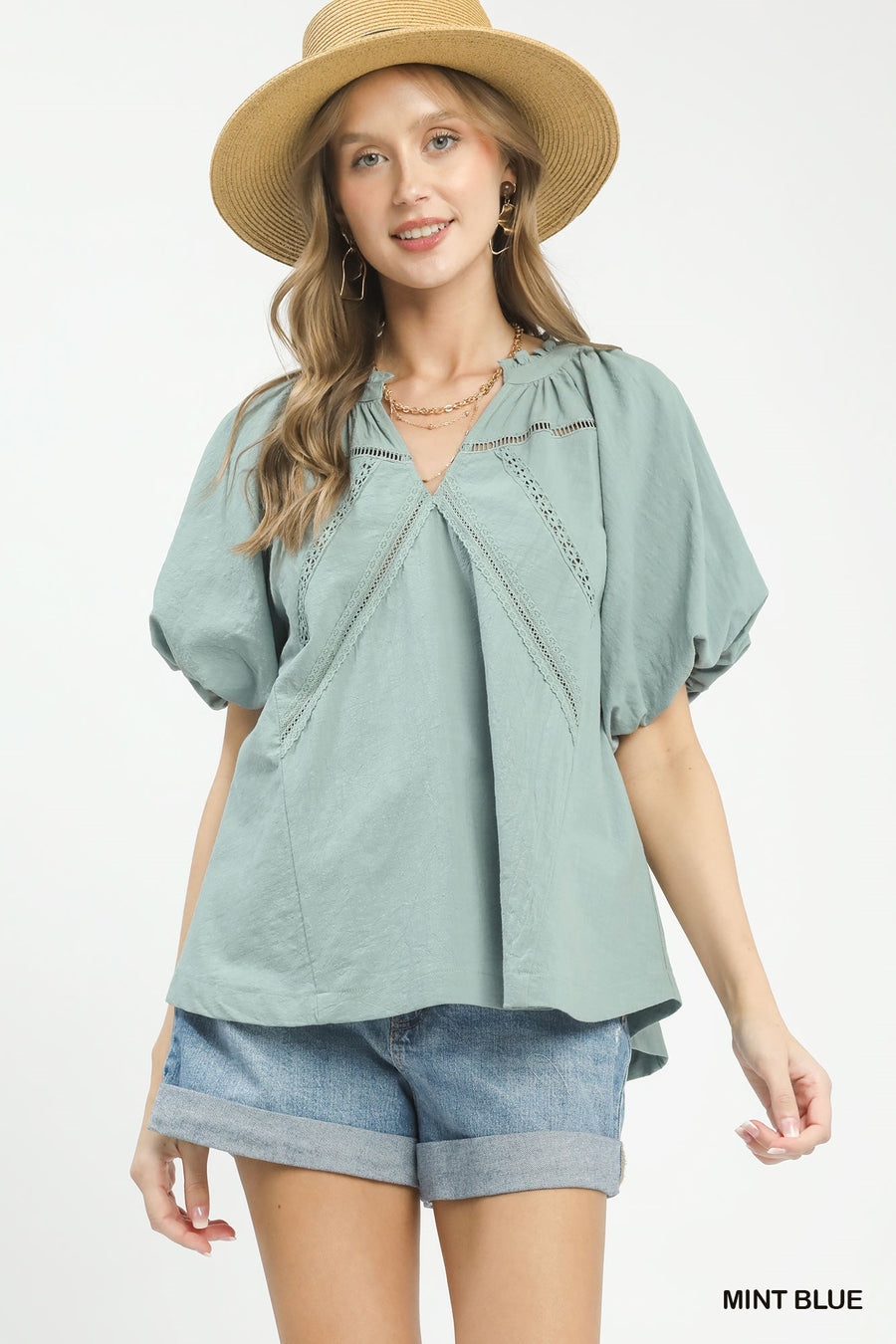 Lace Inset Puff Sleeve Boho Blouse