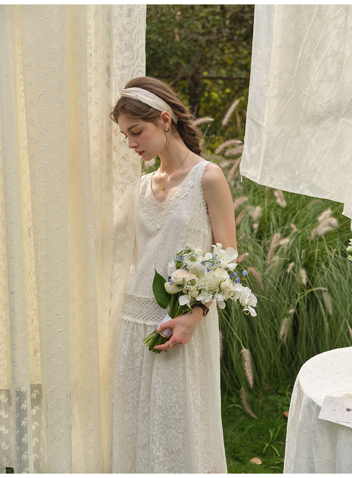 Women's Vintage Lace Jacquard Maxi Dress | Sleeveless White Tank Dress
