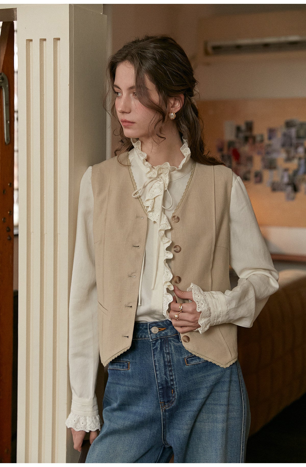 French Court Style Lace Ruffle Tencel Cotton Blouse