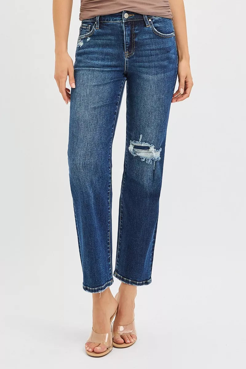 High Rise Crop Slim Straight Jenas with Hidden Knee Patch