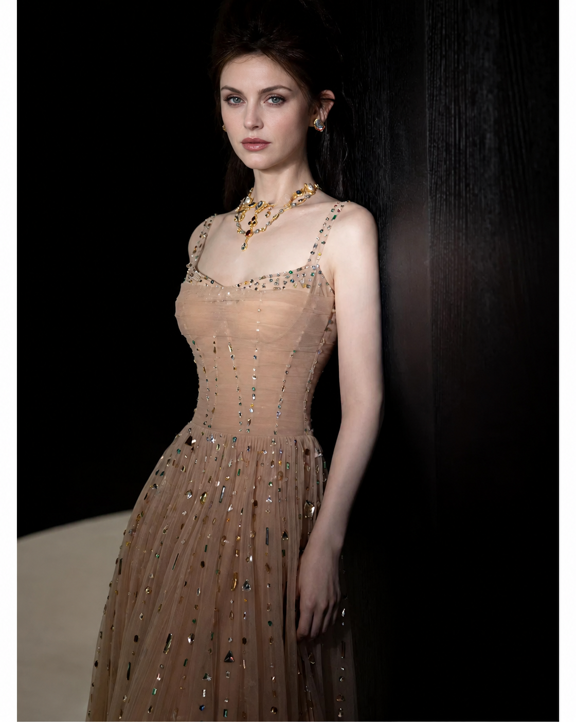 Champagne Beaded-Strap Corset Maxi Dress - Champagne