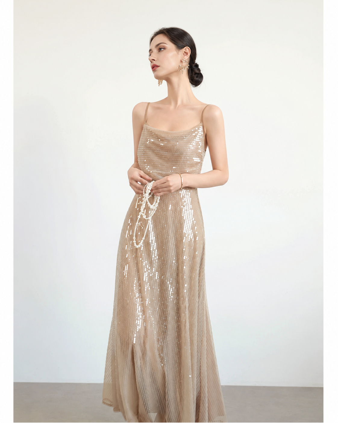 Champagne Sequin Ruched Tie-Side Maxi Dress - Champagne