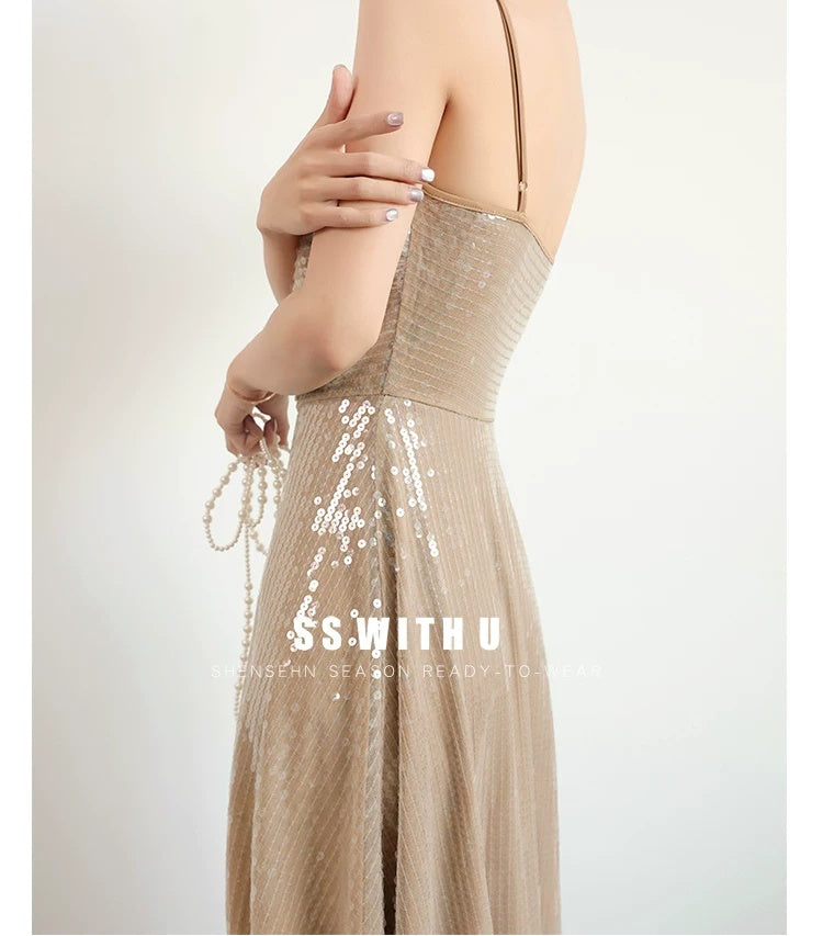 Champagne Sequin Ruched Tie-Side Maxi Dress - garment detail