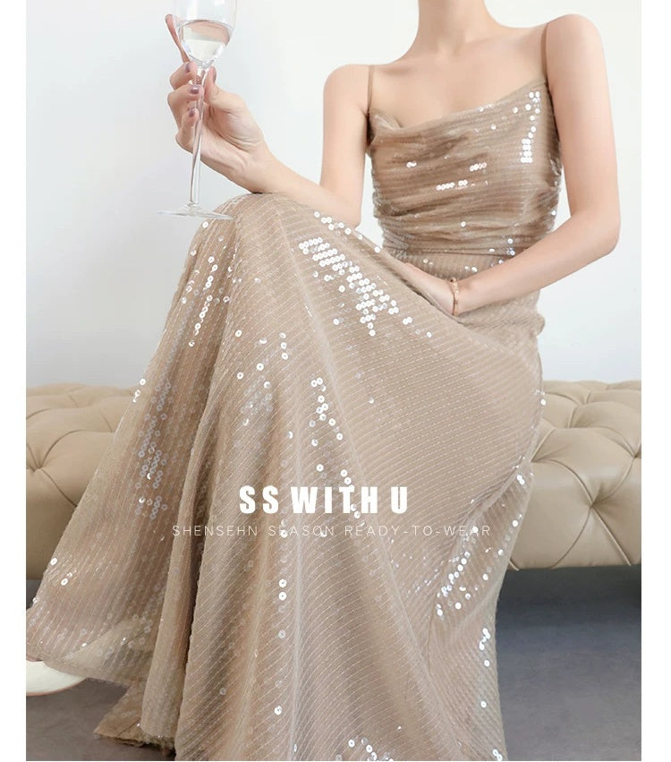 Champagne Sequin Ruched Tie-Side Maxi Dress - garment detail