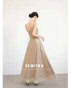 Champagne Sequin Ruched Tie-Side Maxi Dress - garment detail