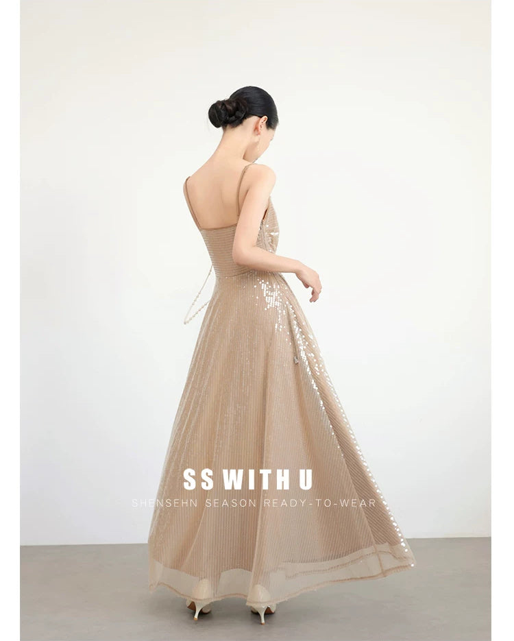 Champagne Sequin Ruched Tie-Side Maxi Dress - garment detail
