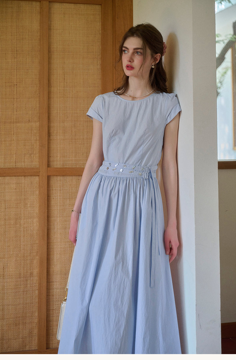 Women's Cotton Blend Belted Midi Dress | Casual A-Line Short Sleeve Summer Dress