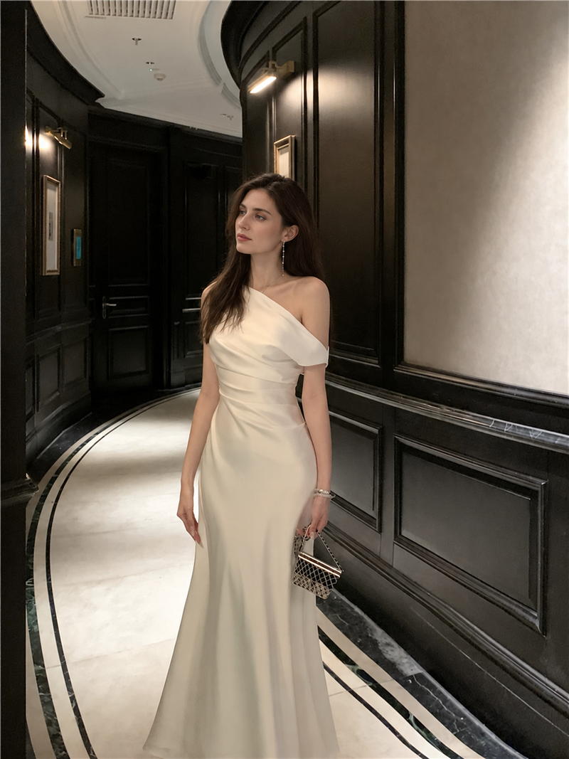 Draped One-Shoulder Fitted Dress - Beige / Long