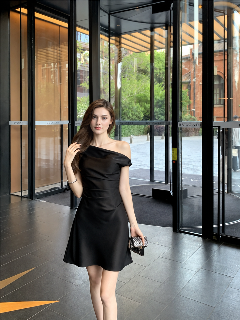 Draped One-Shoulder Fitted Dress - Black / Mini