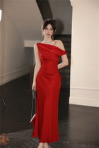 Draped One-Shoulder Fitted Dress - Burgundy / Long