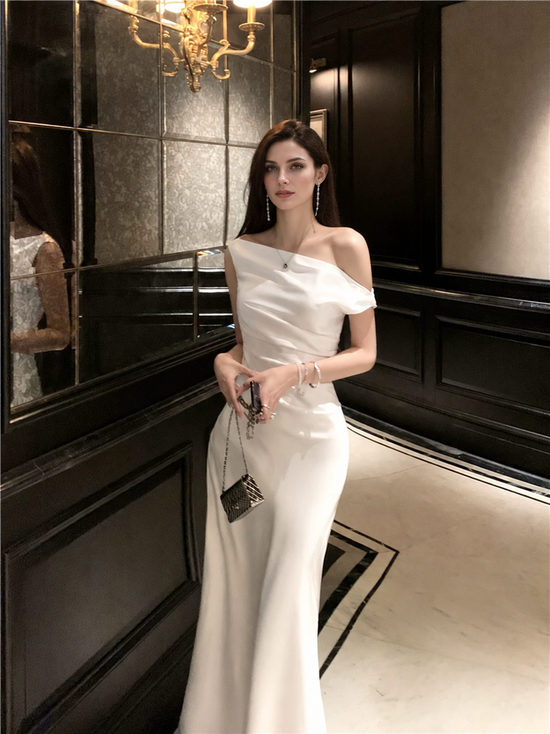 Draped One-Shoulder Fitted Dress - White / Long