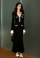 Contrast Trim Long Sleeve Mermaid Maxi Dress - Black