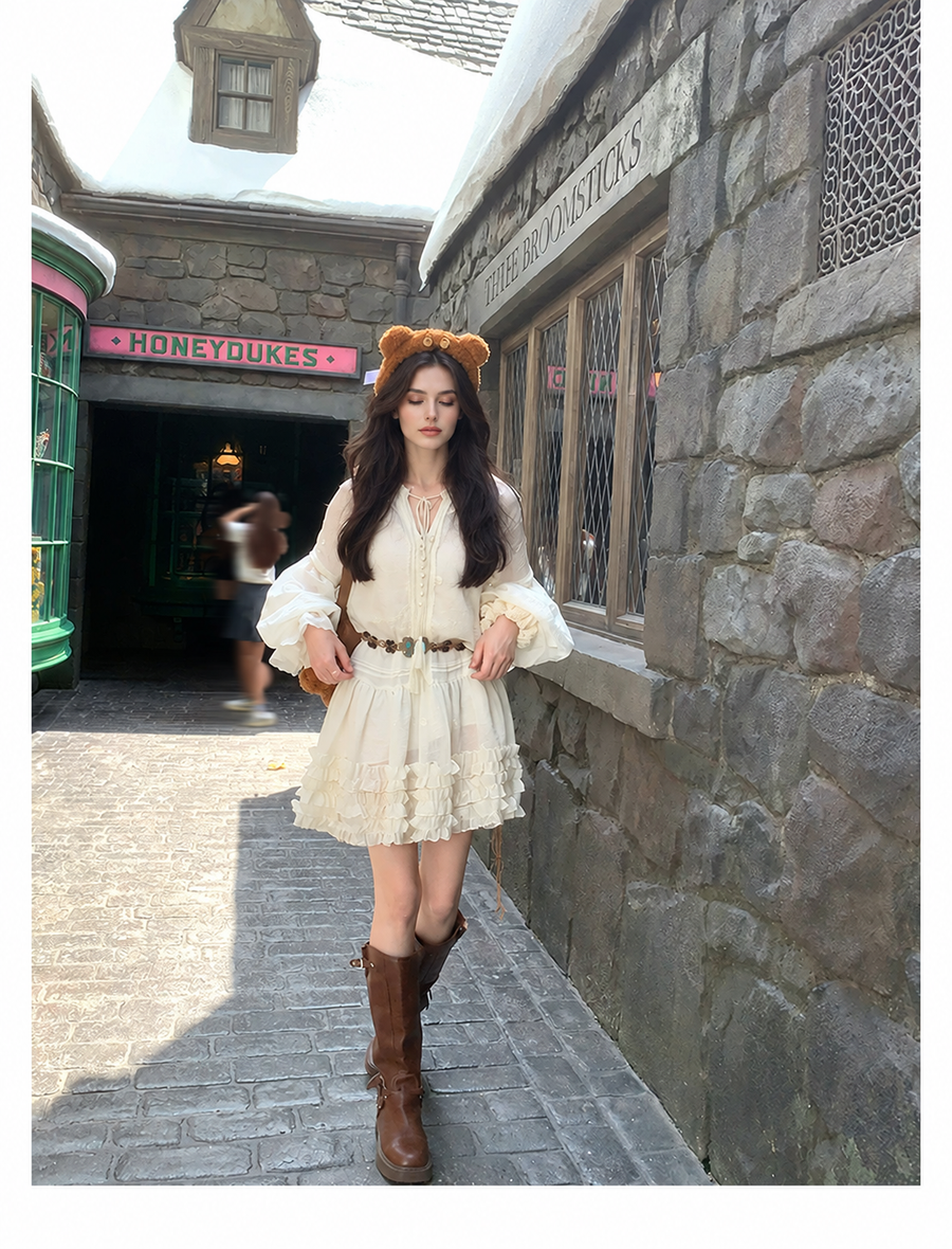 Cream Balloon-Sleeve Belted Mini Dress