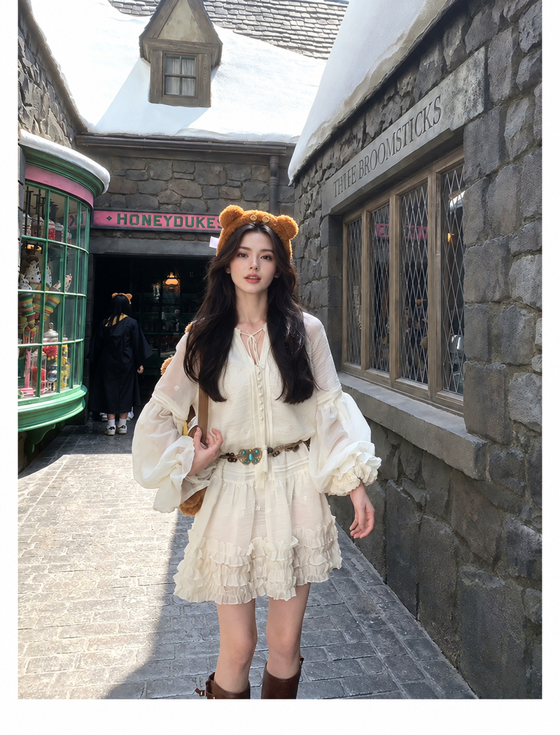 Cream Balloon-Sleeve Belted Mini Dress, cream, additional view