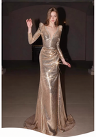 Gold V-Neck Long-Sleeve Sequin Mermaid Maxi Dress - Gold