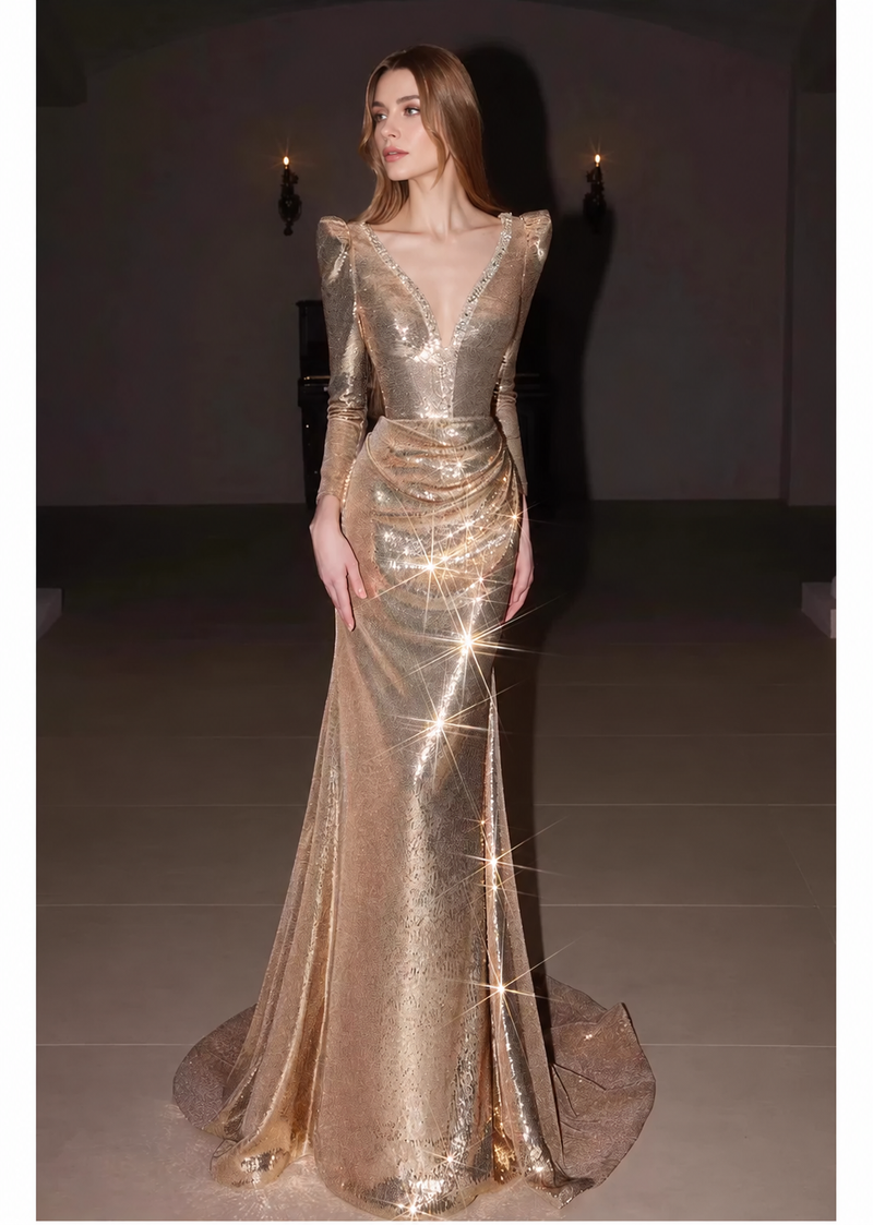Gold V-Neck Long-Sleeve Sequin Mermaid Maxi Dress - Gold