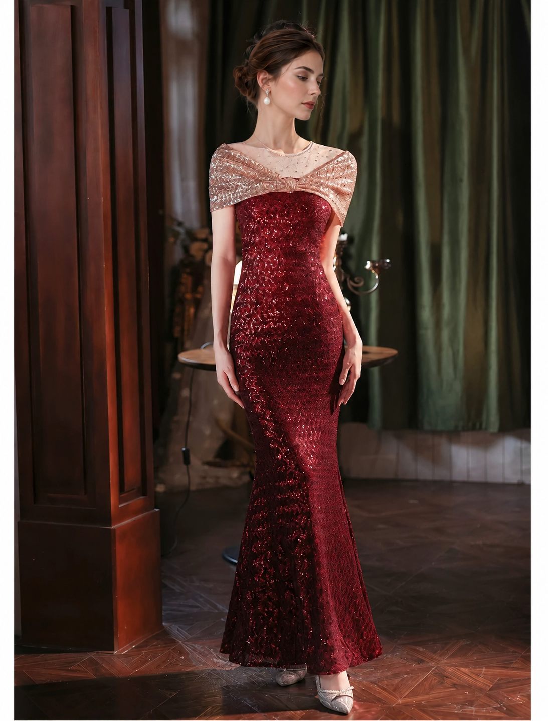 Sequin Off-Shoulder Mermaid Maxi Dress - Burgundy
