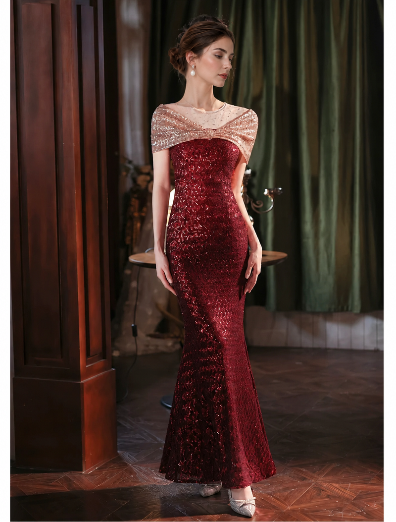 Sequin Off-Shoulder Mermaid Maxi Dress - Burgundy