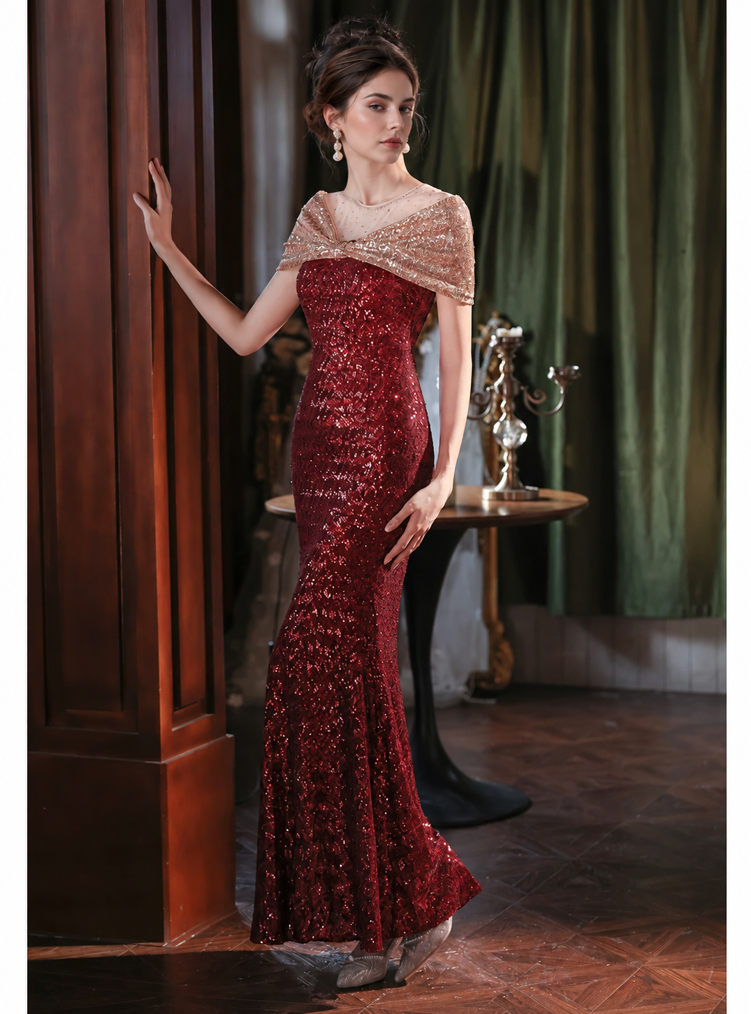 Sequin Off-Shoulder Mermaid Maxi Dress - Burgundy