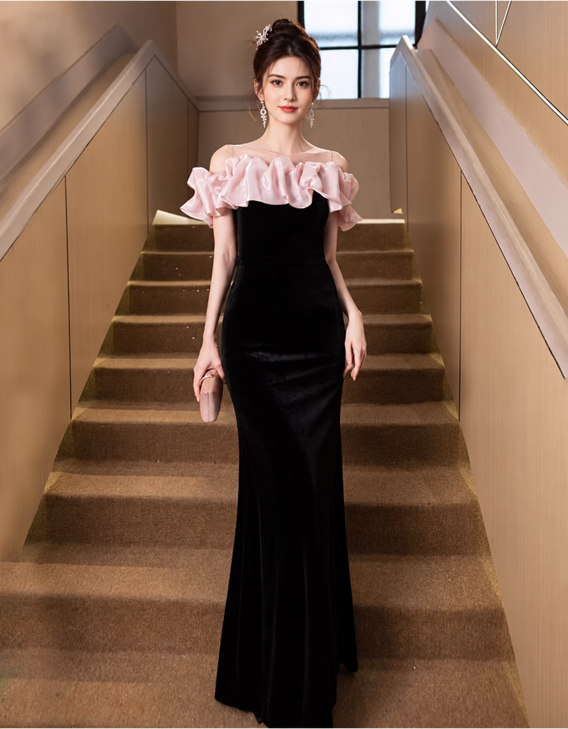 Black and Blush Ruffle Off-Shoulder Maxi Dress - Black and Blush