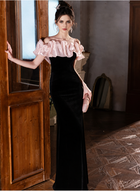 Black and Blush Ruffle Off-Shoulder Maxi Dress - Black and Blush