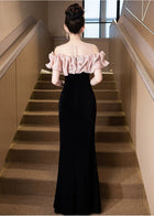Black and Blush Ruffle Off-Shoulder Maxi Dress - garment detail
