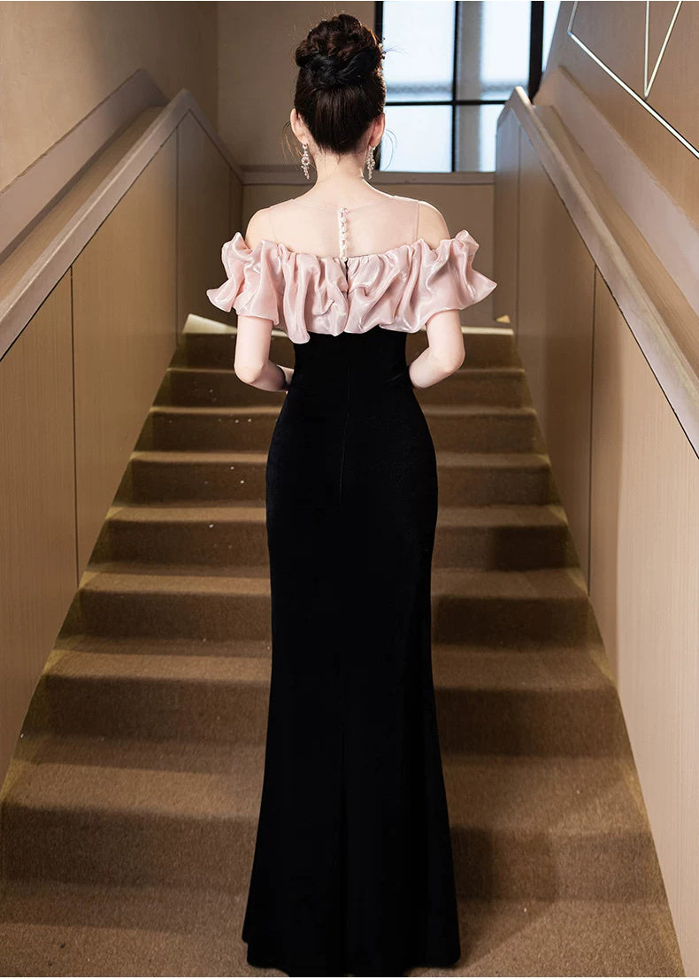 Black and Blush Ruffle Off-Shoulder Maxi Dress - garment detail
