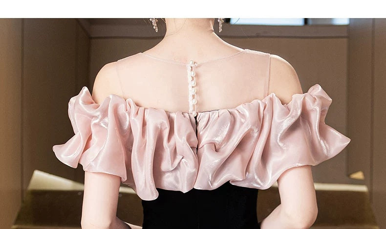 Black and Blush Ruffle Off-Shoulder Maxi Dress - garment detail