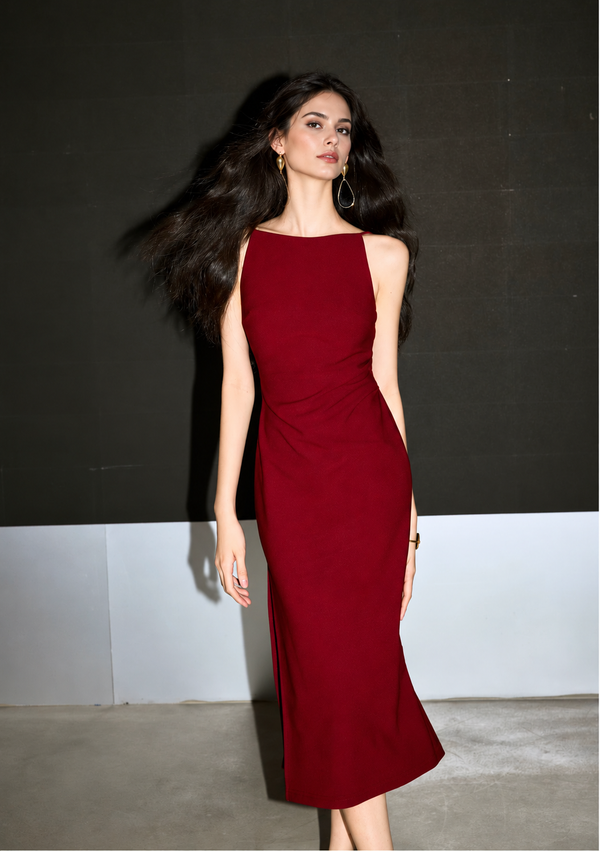 Red Boat Neck Ruched Side Slit Midi Dress - Red