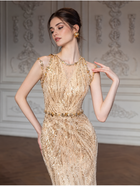 Gold Embellished Formal Evening Gown - Gold