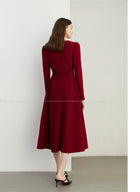 Burgundy Square-Neck Long-Sleeve A-Line Midi Dress - garment detail