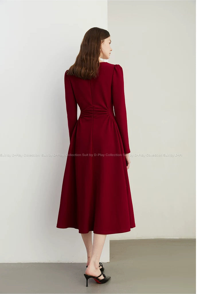 Burgundy Square-Neck Long-Sleeve A-Line Midi Dress - garment detail
