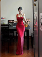 Rhinestone-Strap Fitted Maxi Dress - Red