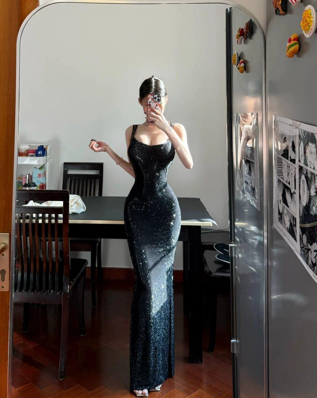 Rhinestone-Strap Fitted Maxi Dress - Black