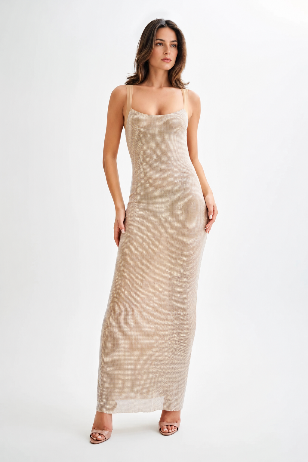 Rhinestone-Strap Fitted Maxi Dress - Nude