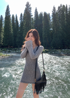 V-Neck Long-Sleeve Fitted Knit Mini Dress, gray, front view