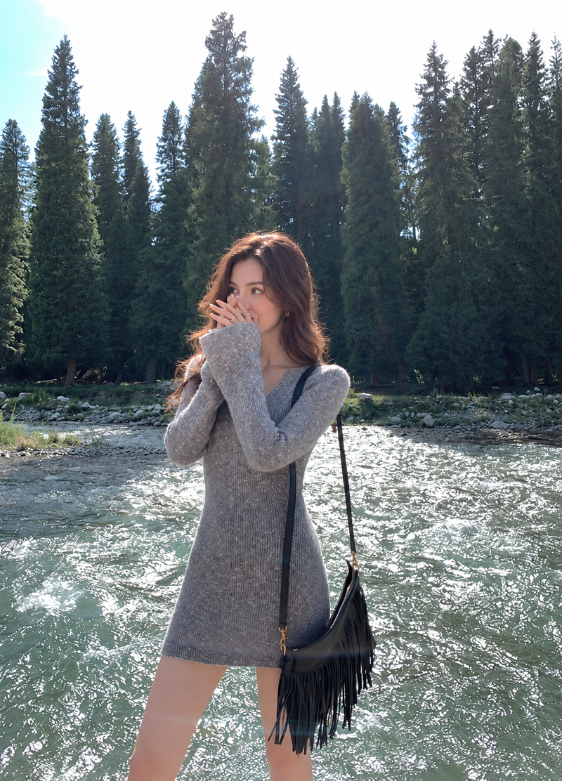 V-Neck Long-Sleeve Fitted Knit Mini Dress, gray, front view