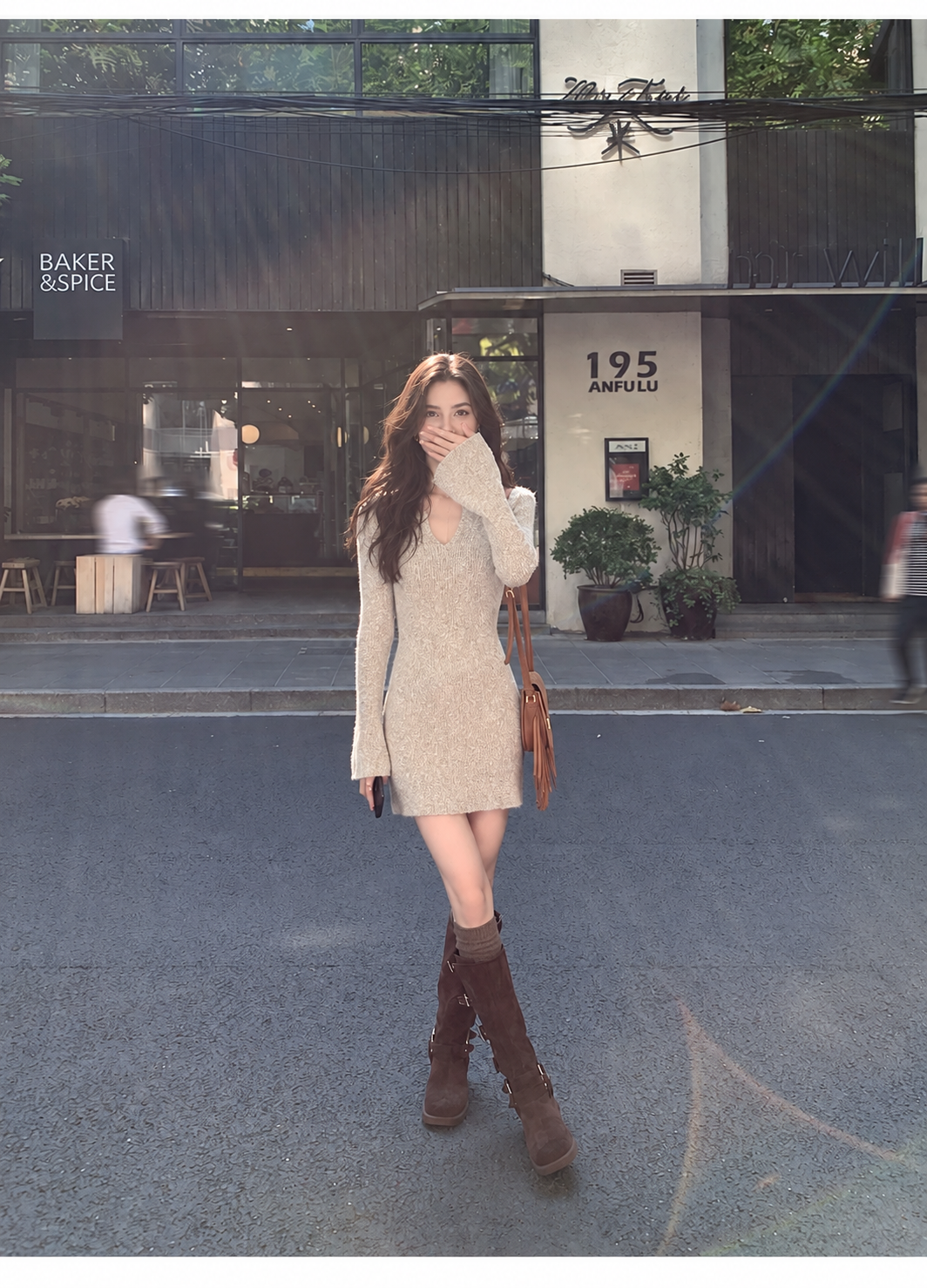 V-Neck Long-Sleeve Fitted Knit Mini Dress, apricot, additional view