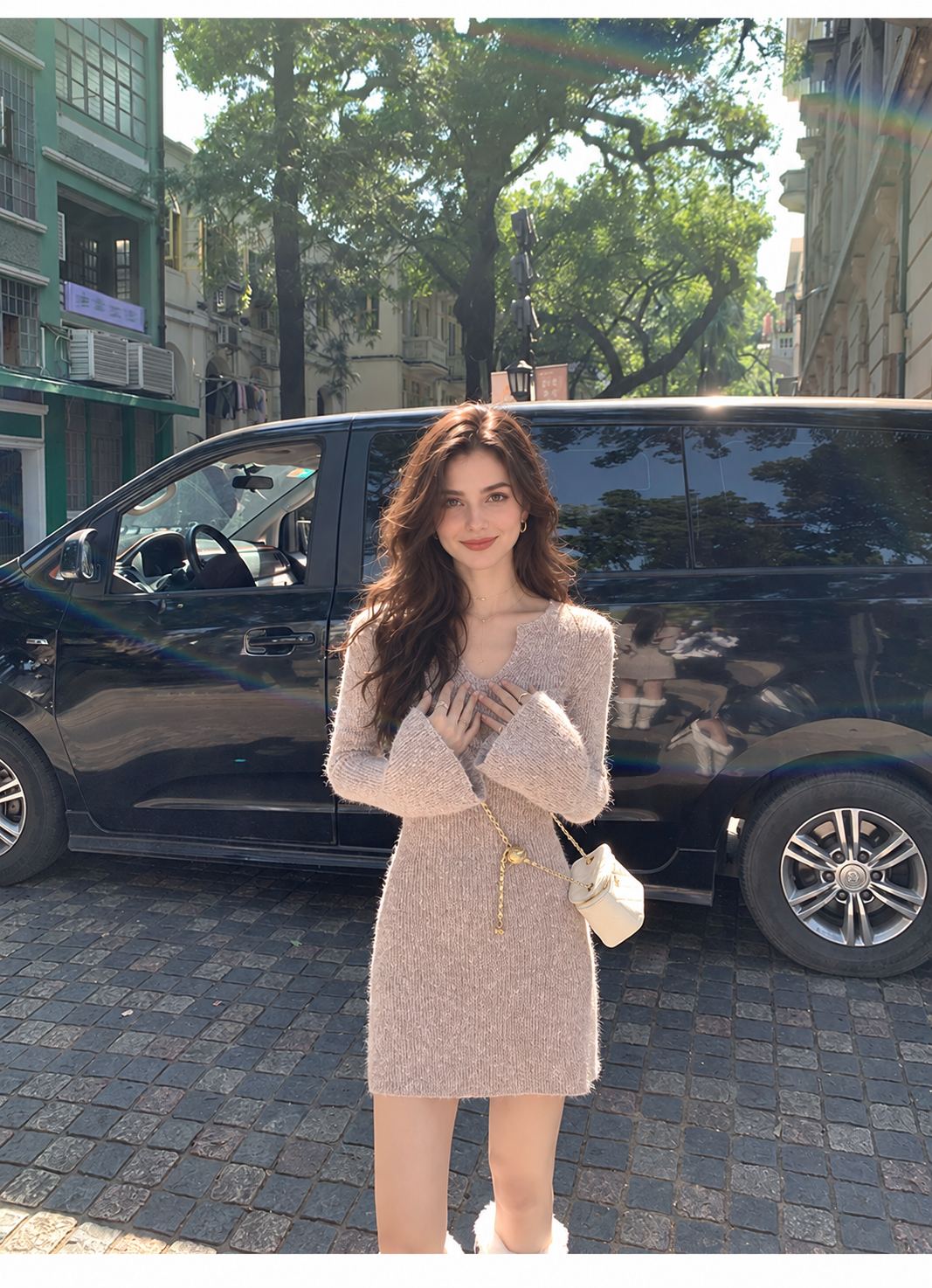 V-Neck Long-Sleeve Fitted Knit Mini Dress, pink, additional view