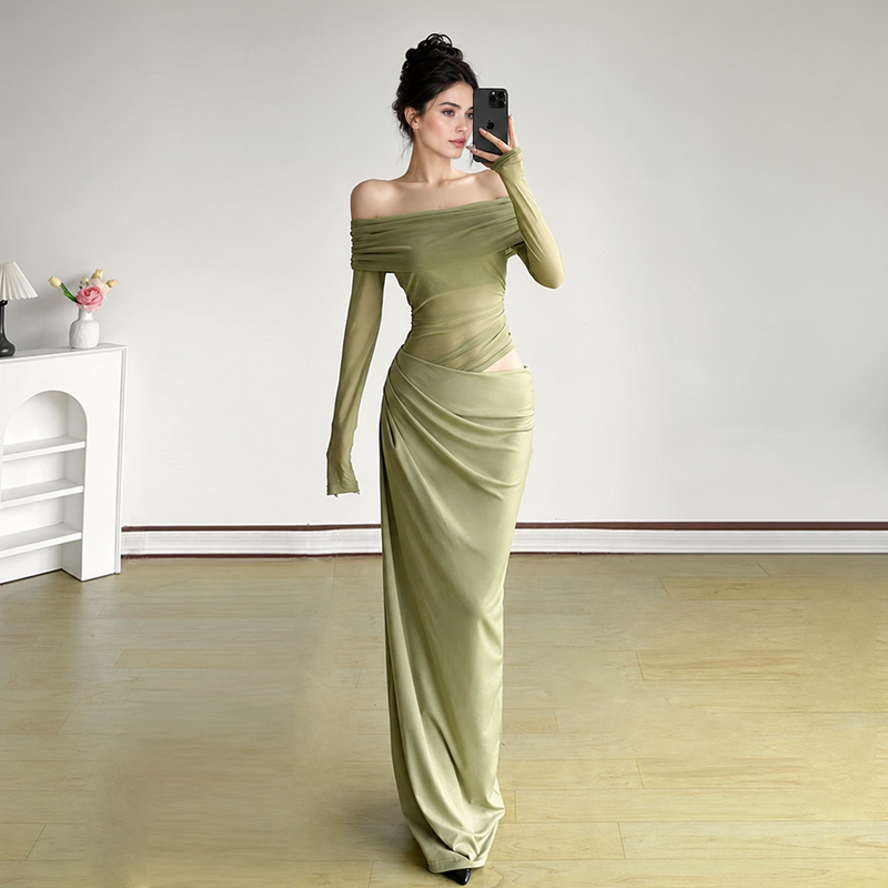 Off-Shoulder Mesh Cutout Bodycon Maxi Dress - Green