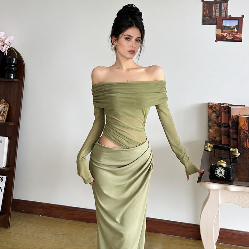 Off-Shoulder Mesh Cutout Bodycon Maxi Dress - Green