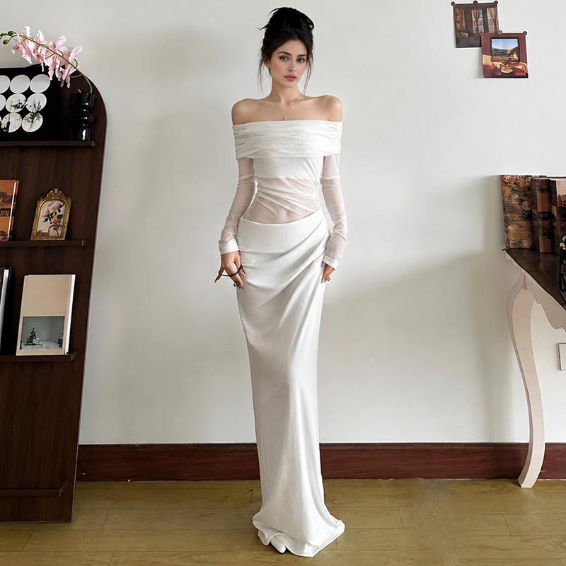 Off-Shoulder Mesh Cutout Bodycon Maxi Dress - White