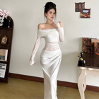 Off-Shoulder Mesh Cutout Bodycon Maxi Dress - White