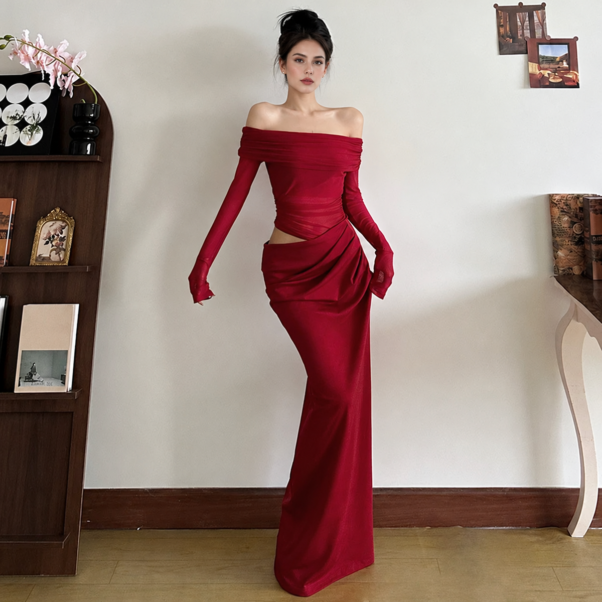 Off-Shoulder Mesh Cutout Bodycon Maxi Dress - Wine